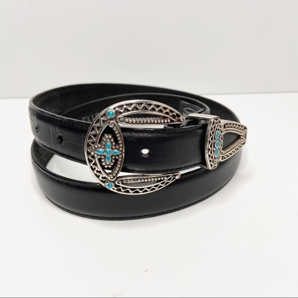 BRIGHTON Black Leather Turquoise Silver Belt M L